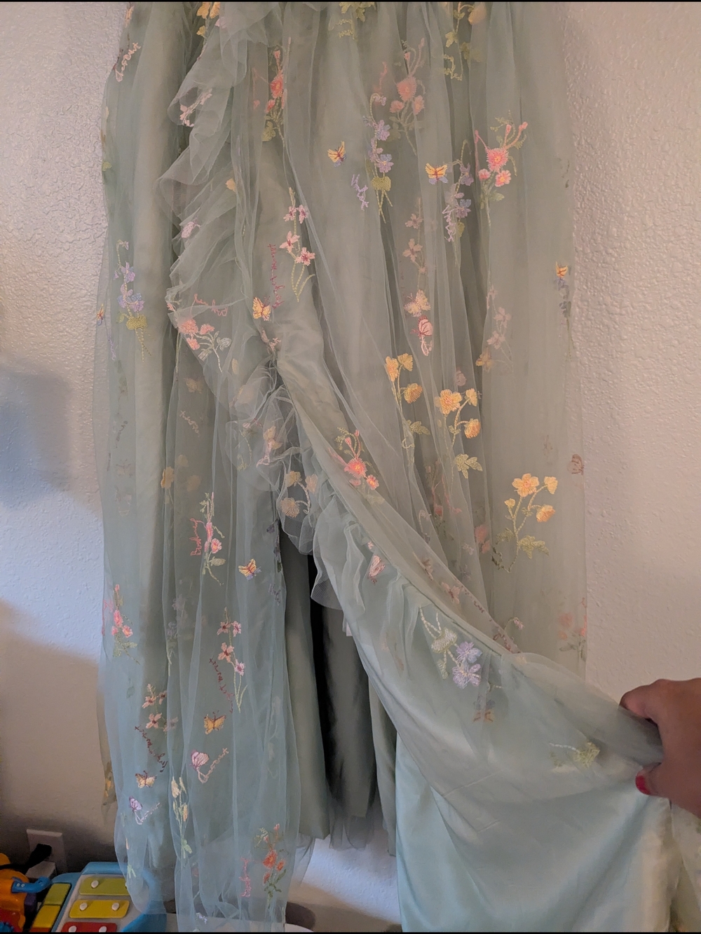 Sage Green Floral Embroidered Tulle Formal Dress with Ruffle Bodice - Picture 5 of 6